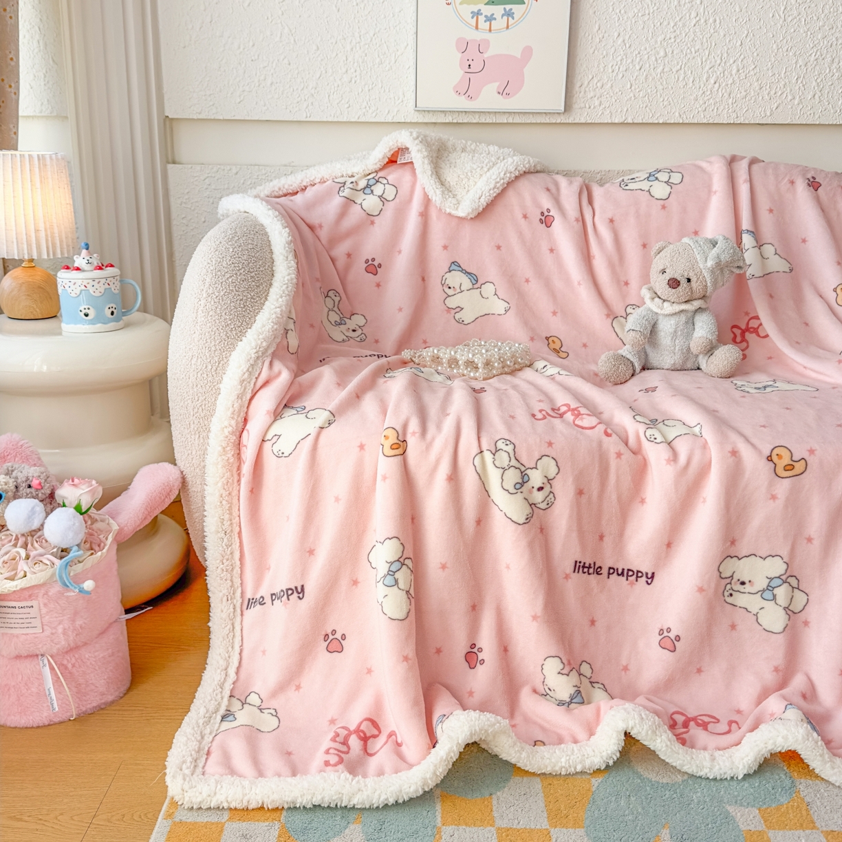 花满路 2025新款小清新羊羔绒毛毯毯子 奶狗团团