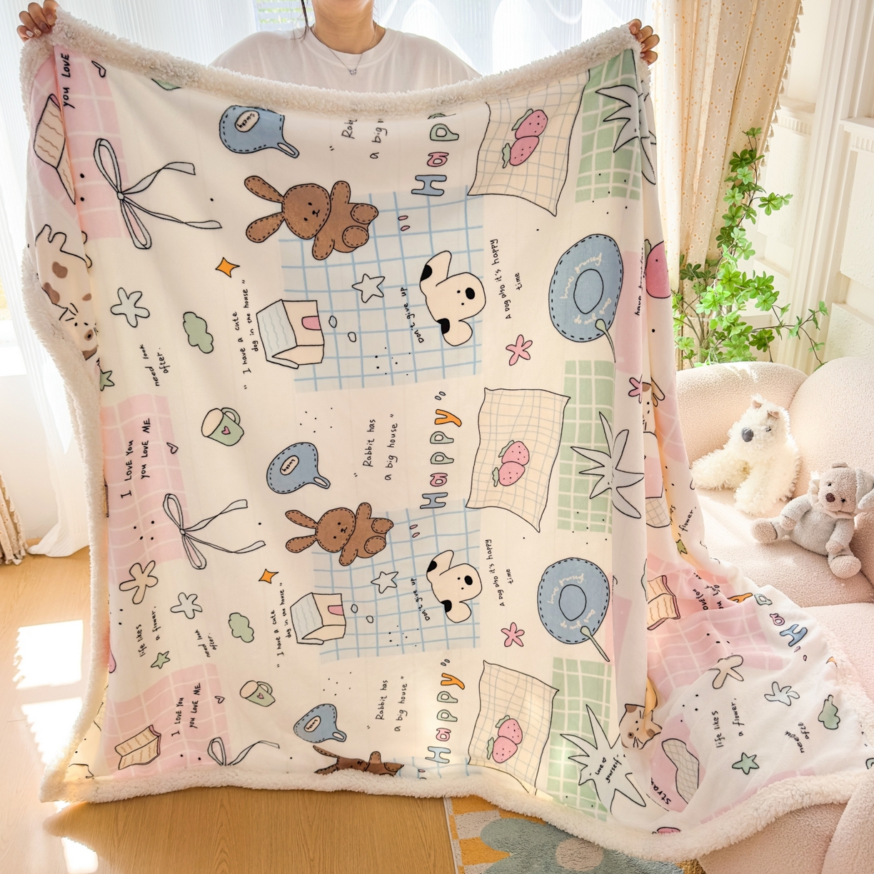 91家纺网 家纺一手货源 找家纺 花满路 2025新款小清新羊羔绒毛毯毯子 绒绒萌友