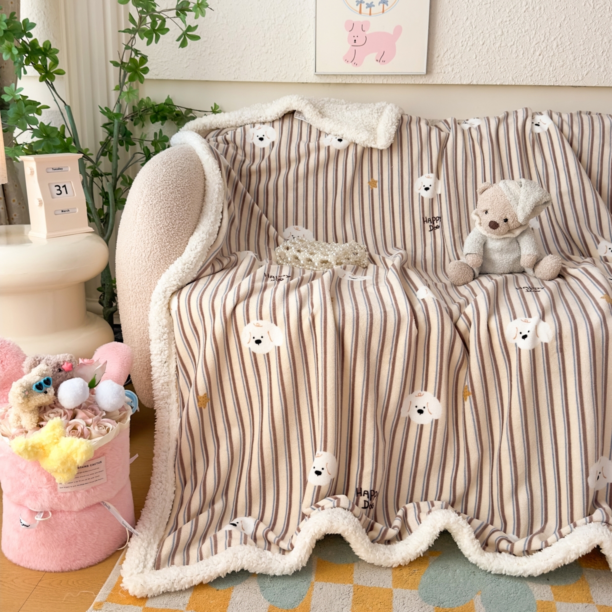 花满路 2025新款小清新羊羔绒毛毯毯子 线条小狗