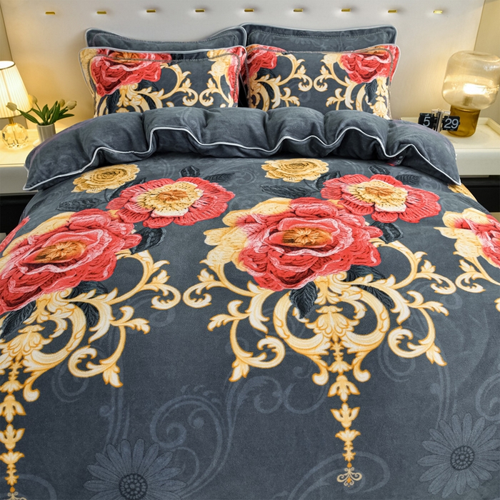 91家纺网 家纺一手货源 找家纺 雅芝蓝 2025新款8-9斤高克重印花牛奶绒四件套保暖绒套件直播爆款 华贵花影