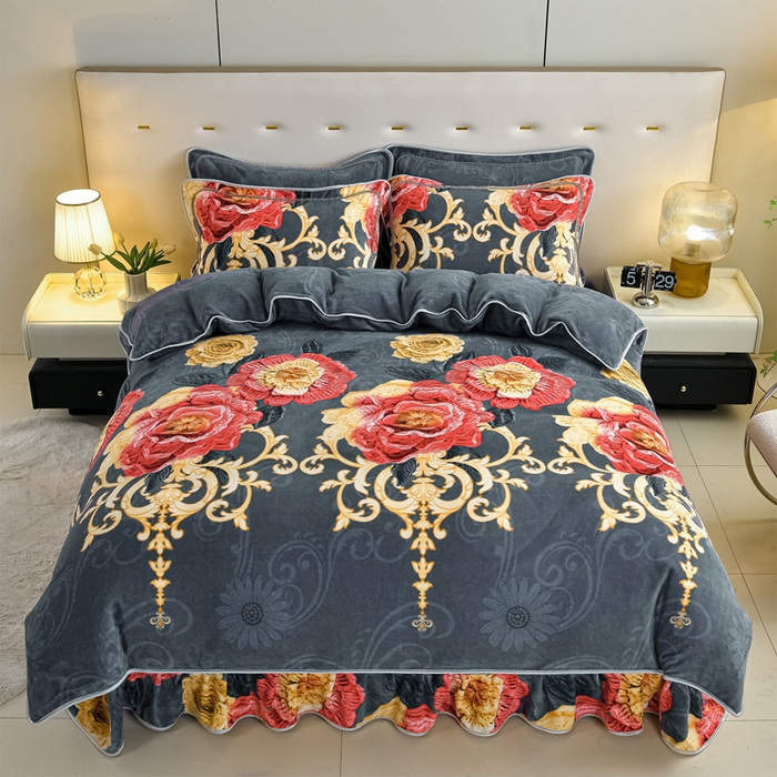 91家纺网 家纺一手货源 找家纺 雅芝蓝 2025新款8-9斤高克重印花牛奶绒四件套保暖绒套件直播爆款 华贵花影