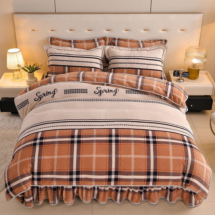 91家纺网 家纺一手货源 找家纺 雅芝蓝 2025新款8-9斤高克重印花牛奶绒四件套保暖绒套件直播爆款 暖橙格调