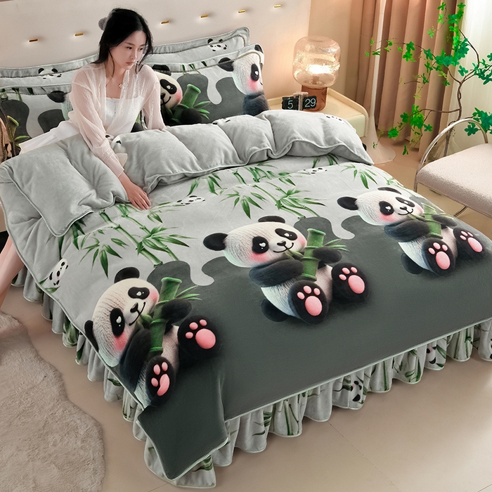 雅芝蓝 2025新款8-9斤高克重印花牛奶绒四件套保暖绒套件直播爆款 熊抱竹-灰