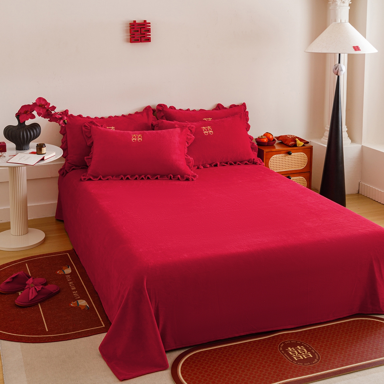 91家纺网 家纺一手货源 找家纺 苏源家居 2025新款婚庆加厚牛奶绒荷叶边刺绣结婚四件套 绒-喜愿-金色