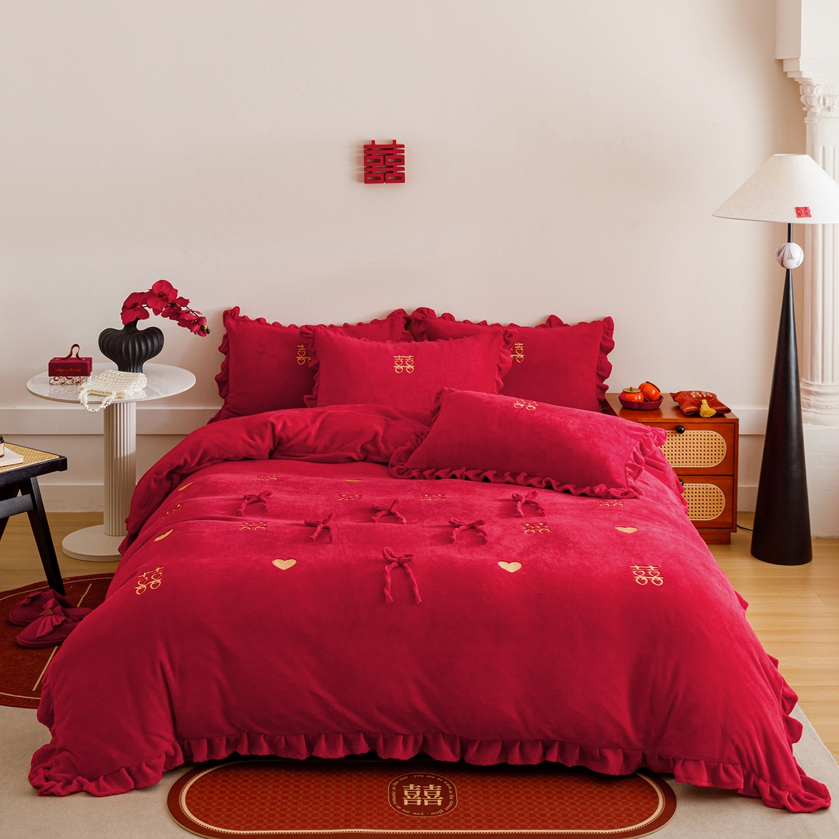 91家纺网 家纺一手货源 找家纺 苏源家居 2025新款婚庆加厚牛奶绒荷叶边刺绣结婚四件套 绒-喜愿-金色