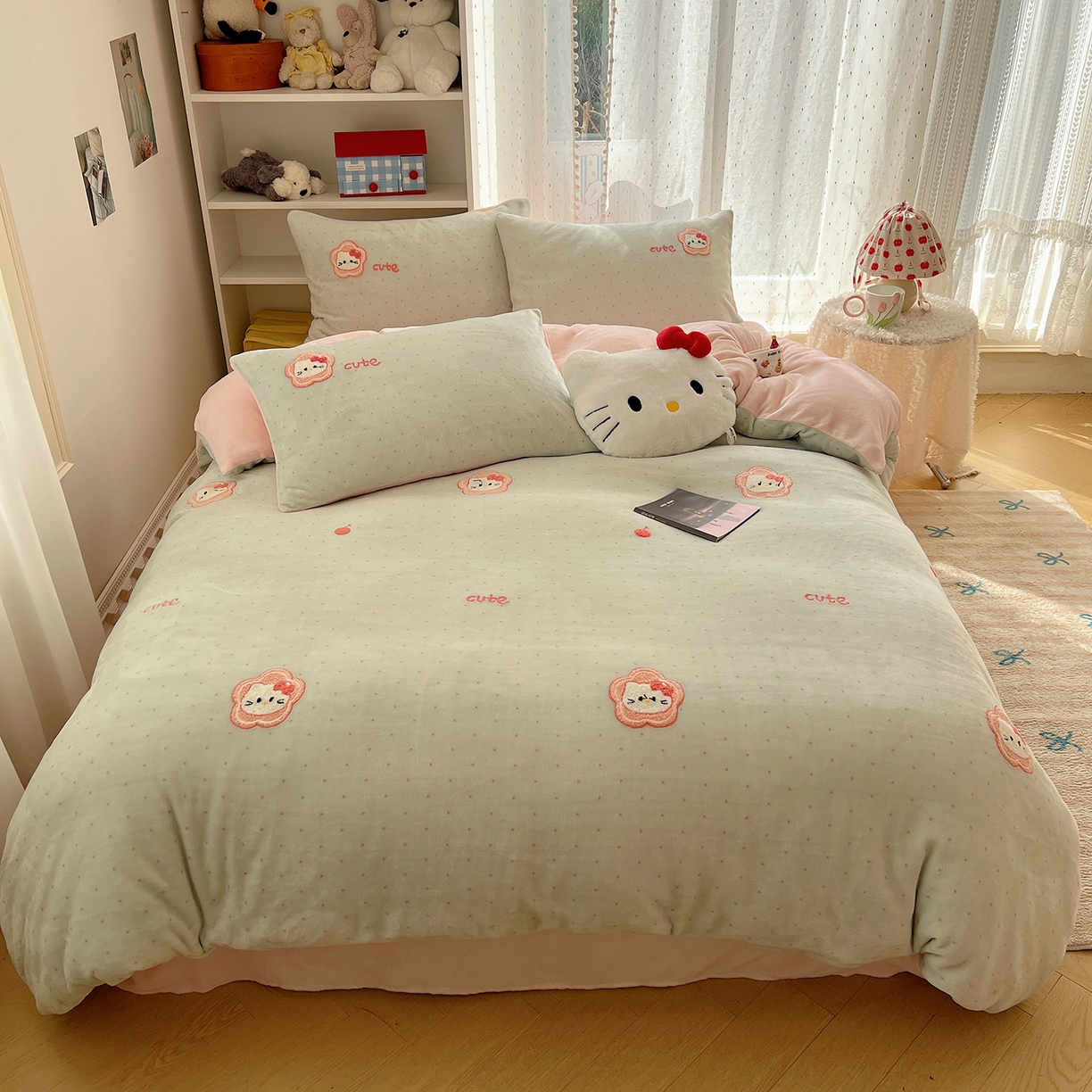 桃子家居 2025新款A类ins毛巾绣少女猫咪可爱格子混搭加厚牛奶绒系列四件套 绒毛巾绣-花儿猫绿粉