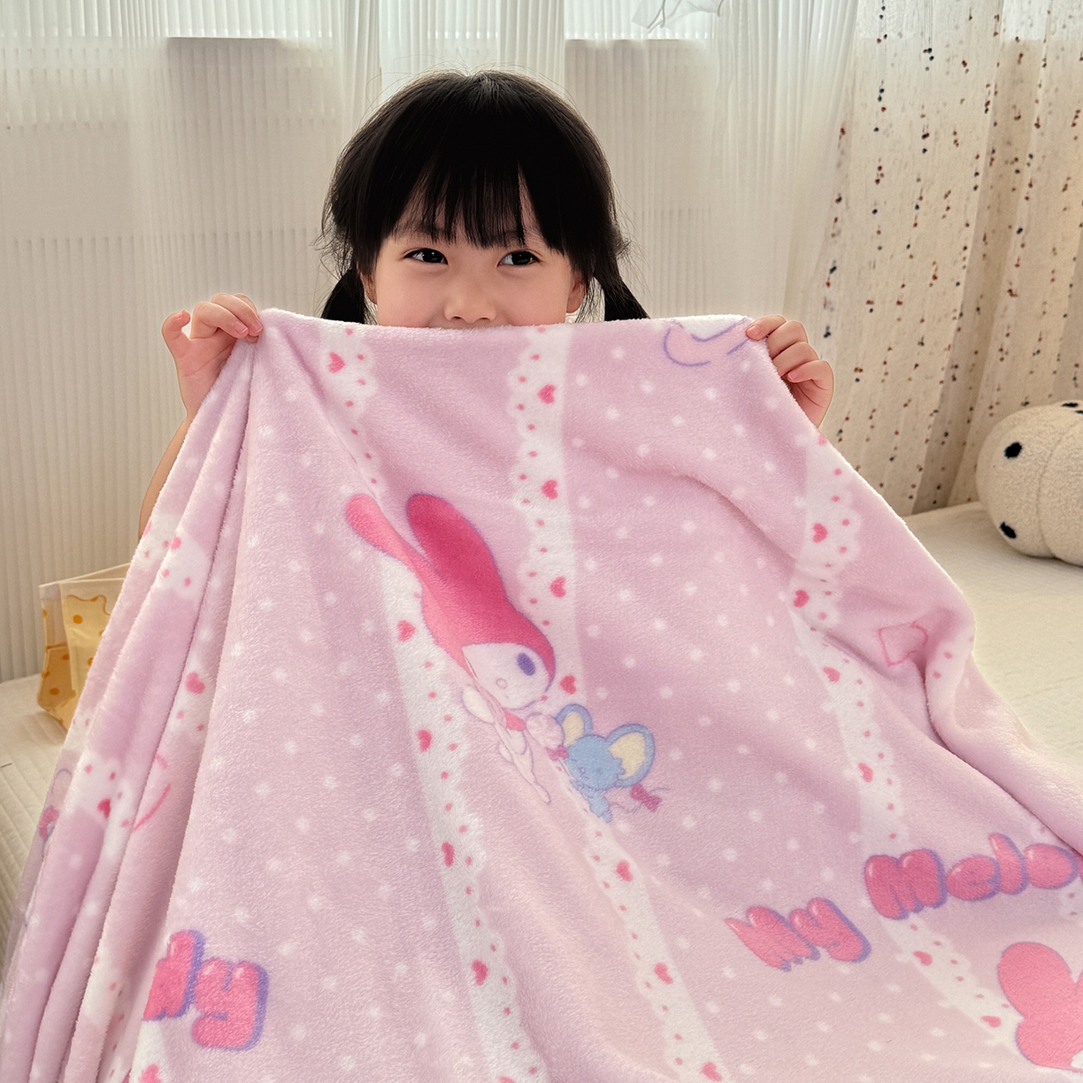 91家纺网 家纺一手货源 找家纺 花满路 2025新款亲肤舒适卡通系列毛毯 爱心美乐蒂