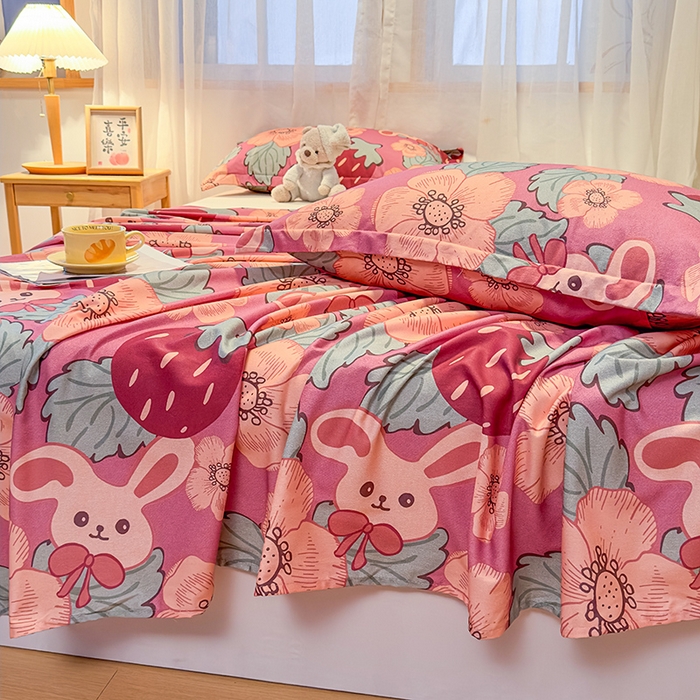 91家纺网 家纺一手货源 找家纺 丝芙妮家居（原乐视家纺） 2025新款全棉磨毛多规格单品床单 草莓兔兔-粉