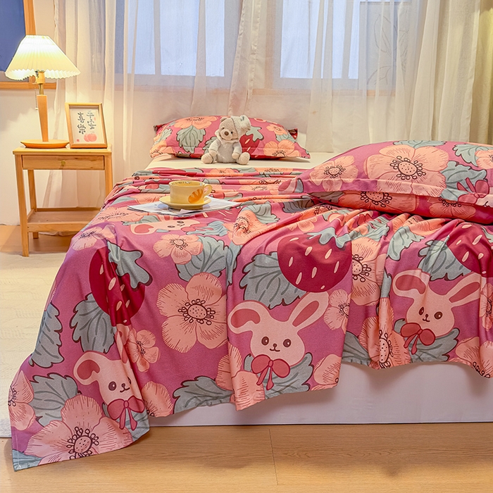 91家纺网 家纺一手货源 找家纺 丝芙妮家居（原乐视家纺） 2025新款全棉磨毛多规格单品床单 草莓兔兔-粉