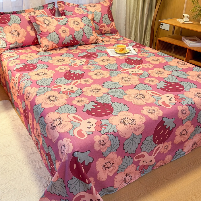 91家纺网 家纺一手货源 找家纺 丝芙妮家居（原乐视家纺） 2025新款全棉磨毛多规格单品床单 草莓兔兔-粉