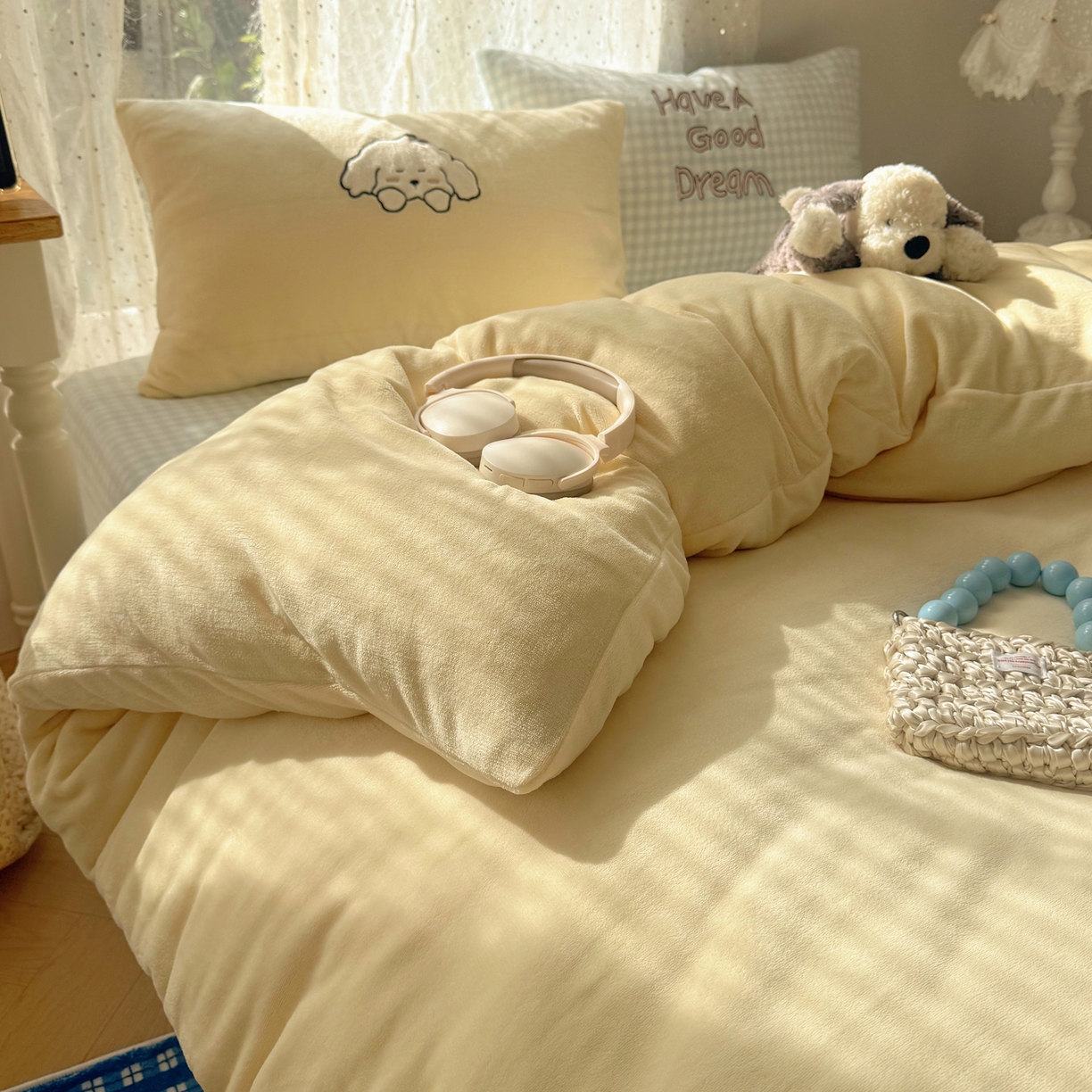 91家纺网 家纺一手货源 找家纺 轻奢坊 2025新款牛奶绒ins可爱贴布绣四件套 晚安小狗