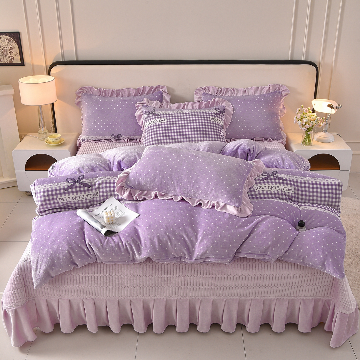 91家纺网 家纺一手货源 找家纺 赫本家纺  2025高克重牛奶绒花边床盖款四件套 欧若拉