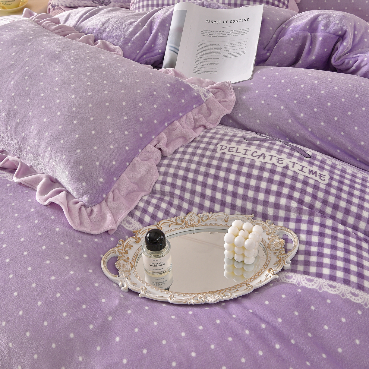 91家纺网 家纺一手货源 找家纺 赫本家纺  2025高克重牛奶绒花边床盖款四件套 欧若拉