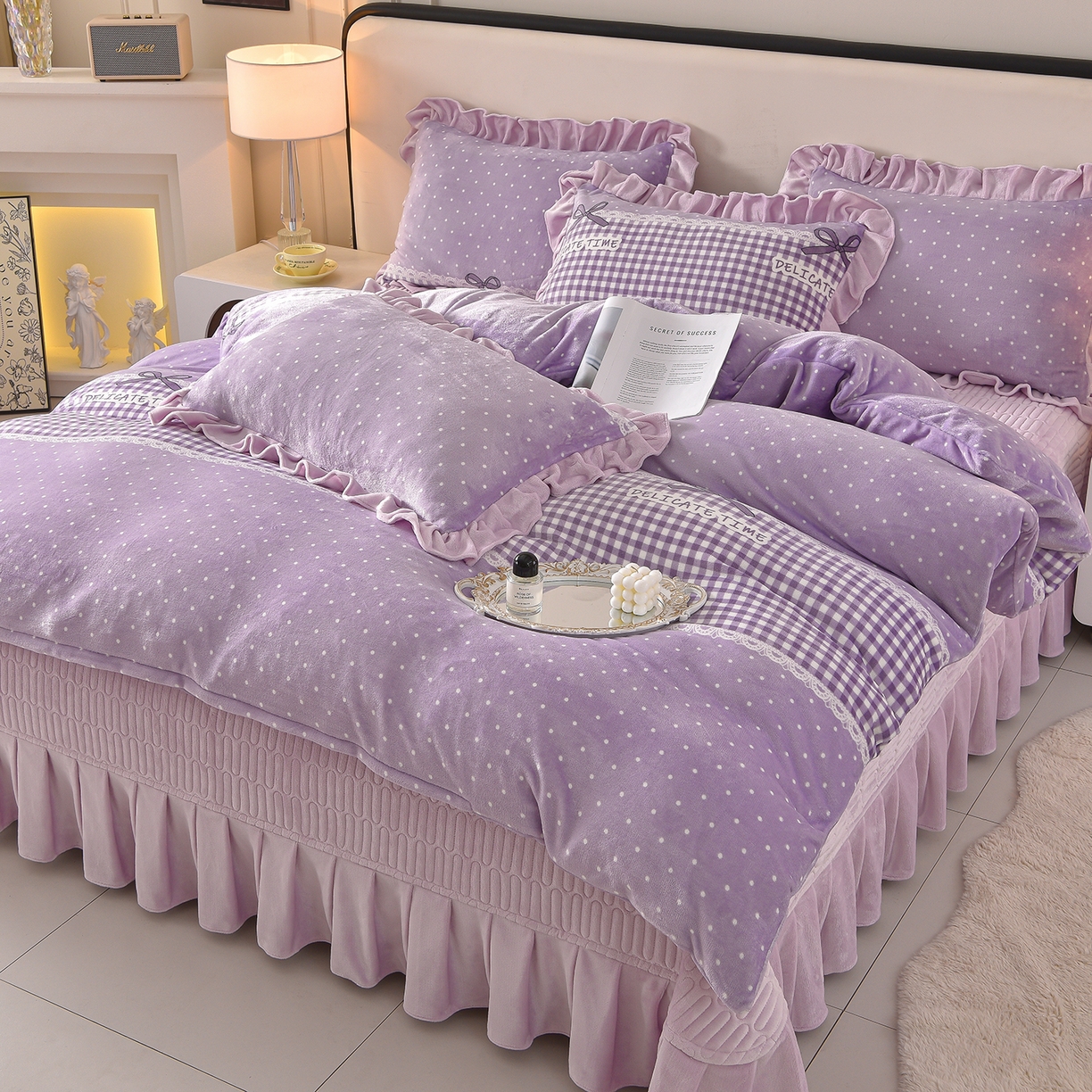 赫本家纺  2025高克重牛奶绒花边床盖款四件套 欧若拉