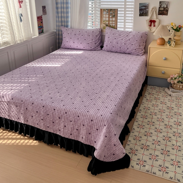 逸林家纺《原希尔顿逸林》 2025新款牛奶绒床盖夹棉花边韩版印花单床盖三件套床盖单件床盖单品单床盖 床盖-紫色小心心