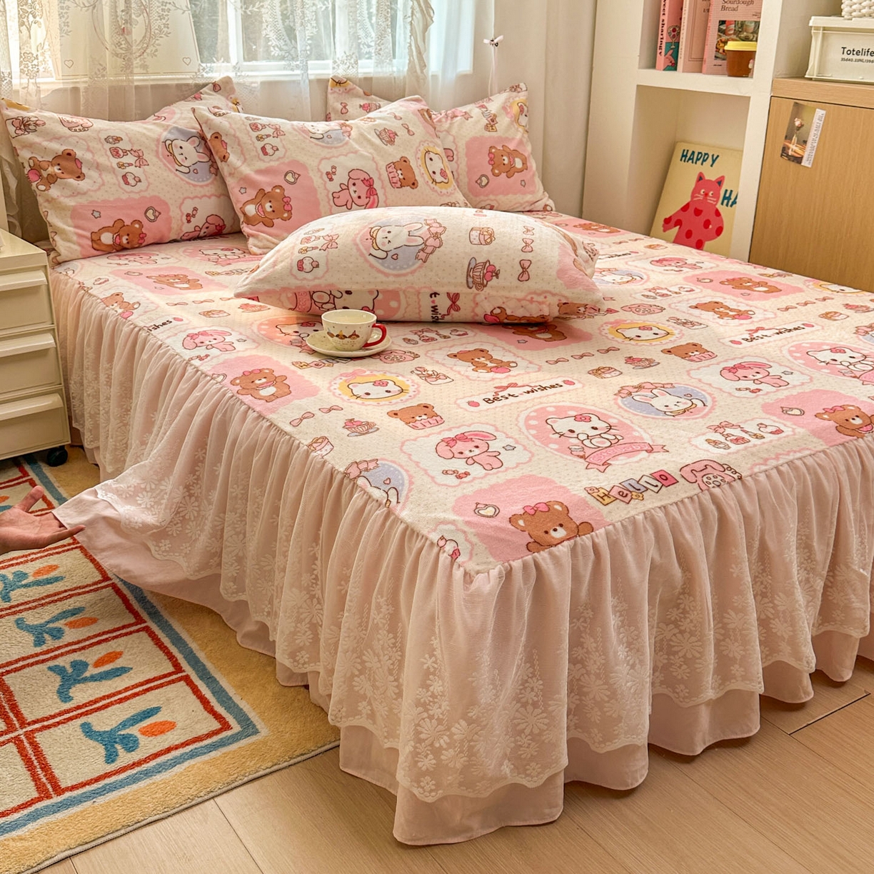 91家纺网 家纺一手货源 找家纺 老K (原美阁） 2025新款蕾丝床裙款牛奶绒三件套单品双层床裙牛奶绒 蕾丝-KT小伙伴