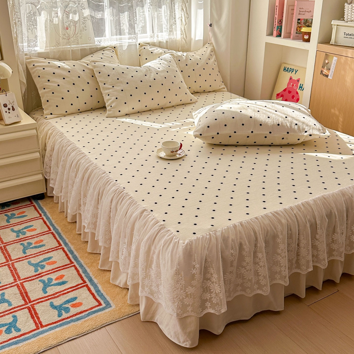 91家纺网 家纺一手货源 找家纺 老K (原美阁） 2025新款蕾丝床裙款牛奶绒三件套单品双层床裙牛奶绒 蕾丝-波点