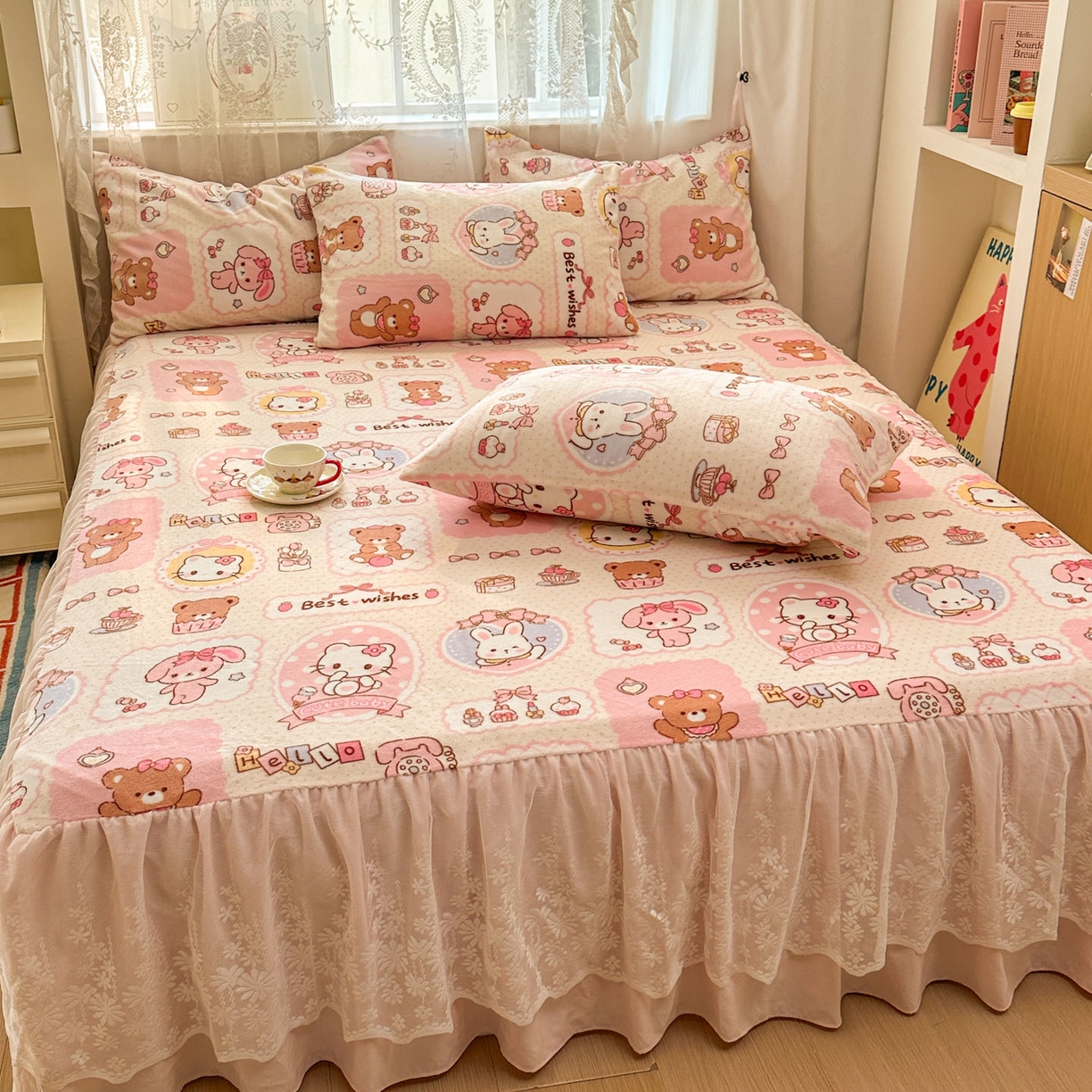 91家纺网 家纺一手货源 找家纺 老K (原美阁） 2025新款蕾丝床裙款牛奶绒三件套单品双层床裙牛奶绒 蕾丝-KT小伙伴