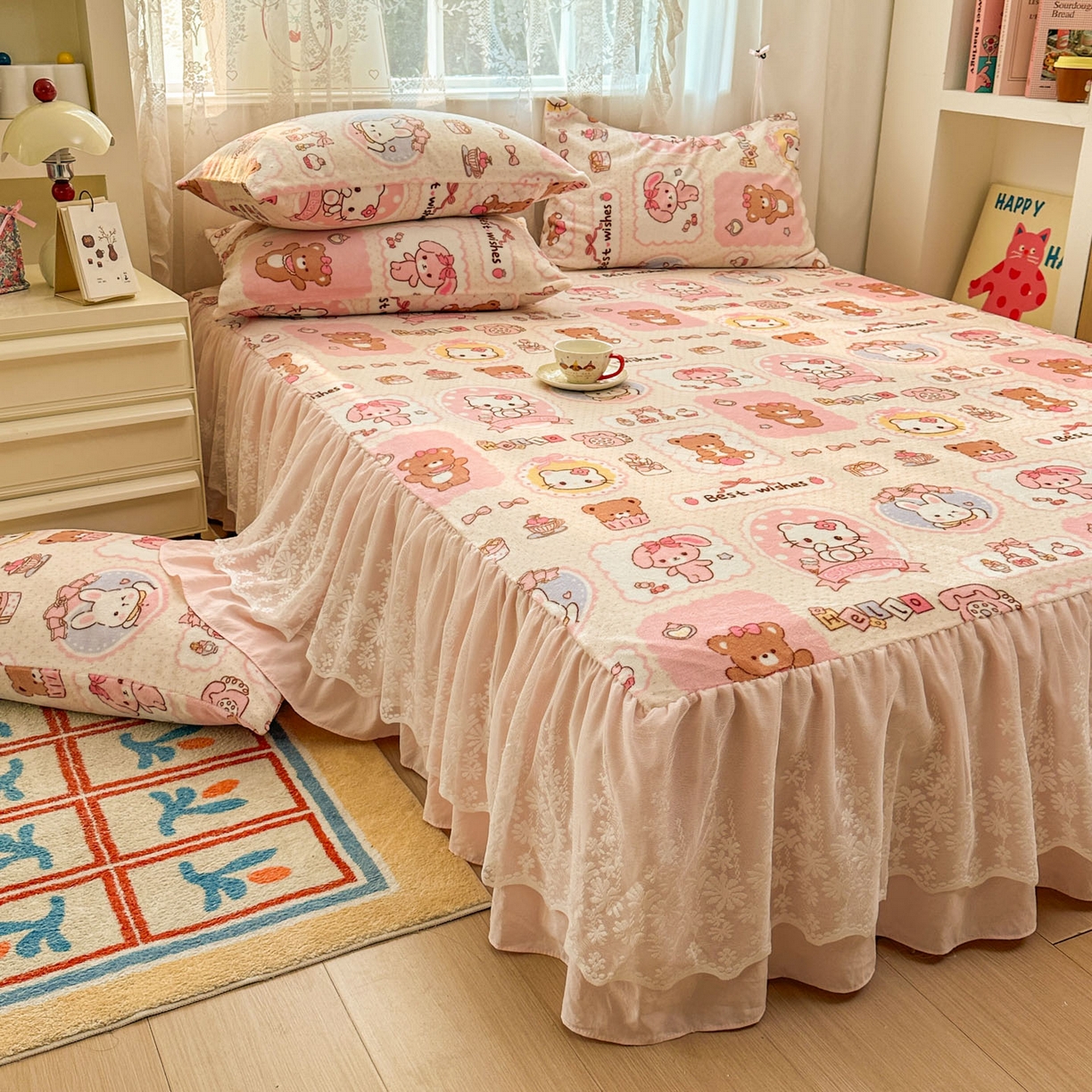 91家纺网 家纺一手货源 找家纺 老K (原美阁） 2025新款蕾丝床裙款牛奶绒三件套单品双层床裙牛奶绒 蕾丝-KT小伙伴