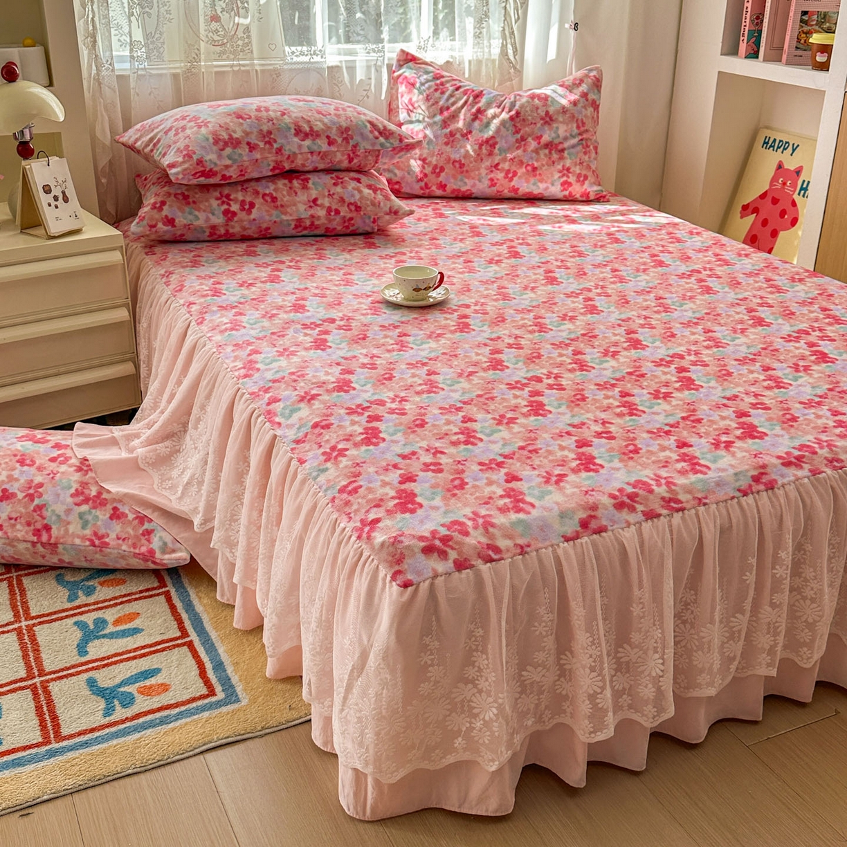 91家纺网 家纺一手货源 找家纺 老K (原美阁） 2025新款蕾丝床裙款牛奶绒三件套单品双层床裙牛奶绒 蕾丝-繁花