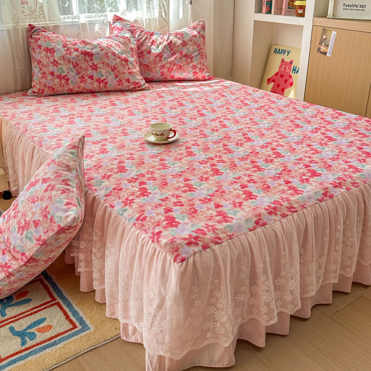 91家纺网 家纺一手货源 找家纺 老K (原美阁） 2025新款蕾丝床裙款牛奶绒三件套单品双层床裙牛奶绒 蕾丝-繁花