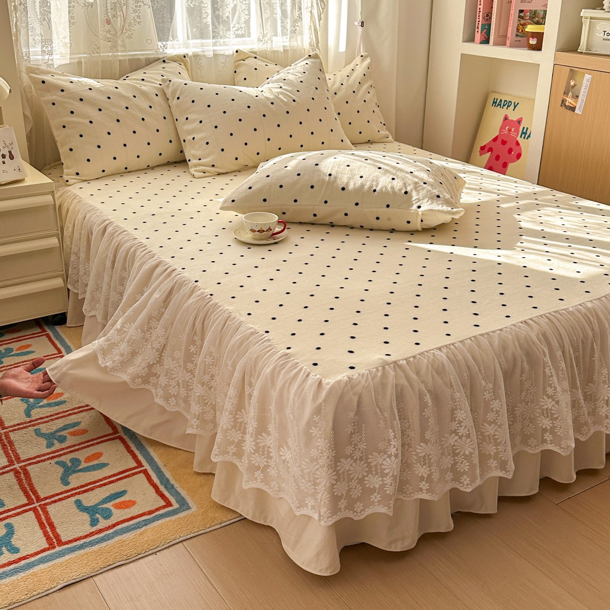 91家纺网 家纺一手货源 找家纺 老K (原美阁） 2025新款蕾丝床裙款牛奶绒三件套单品双层床裙牛奶绒 蕾丝-波点