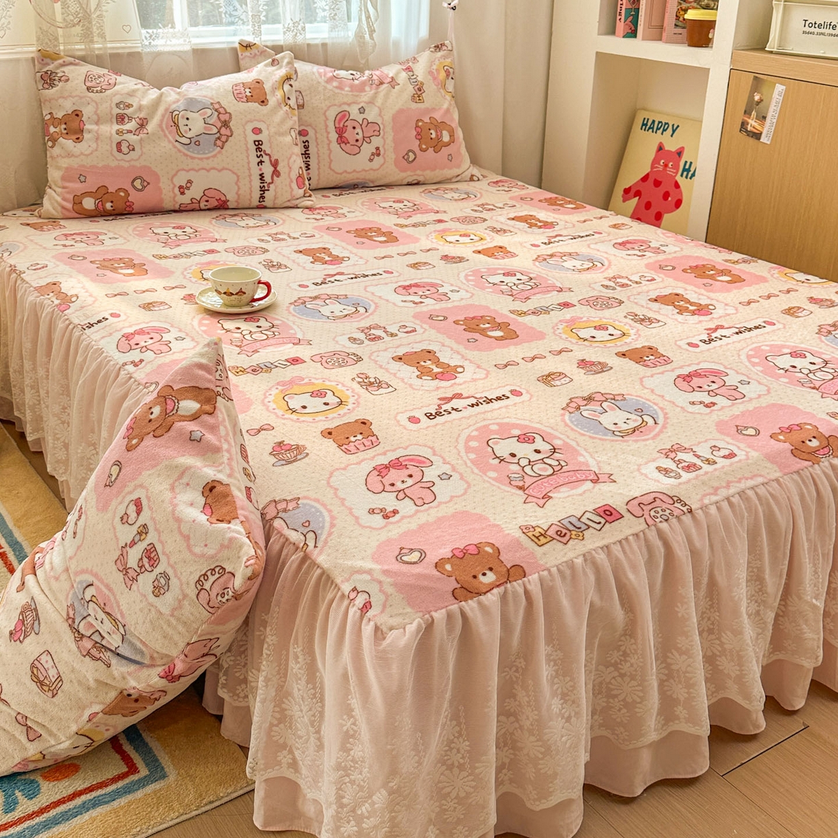 91家纺网 家纺一手货源 找家纺 老K (原美阁） 2025新款蕾丝床裙款牛奶绒三件套单品双层床裙牛奶绒 蕾丝-KT小伙伴