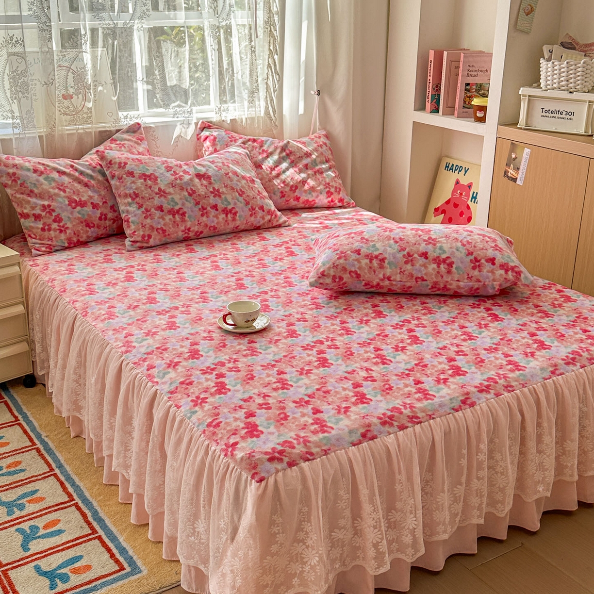 91家纺网 家纺一手货源 找家纺 老K (原美阁） 2025新款蕾丝床裙款牛奶绒三件套单品双层床裙牛奶绒 蕾丝-繁花