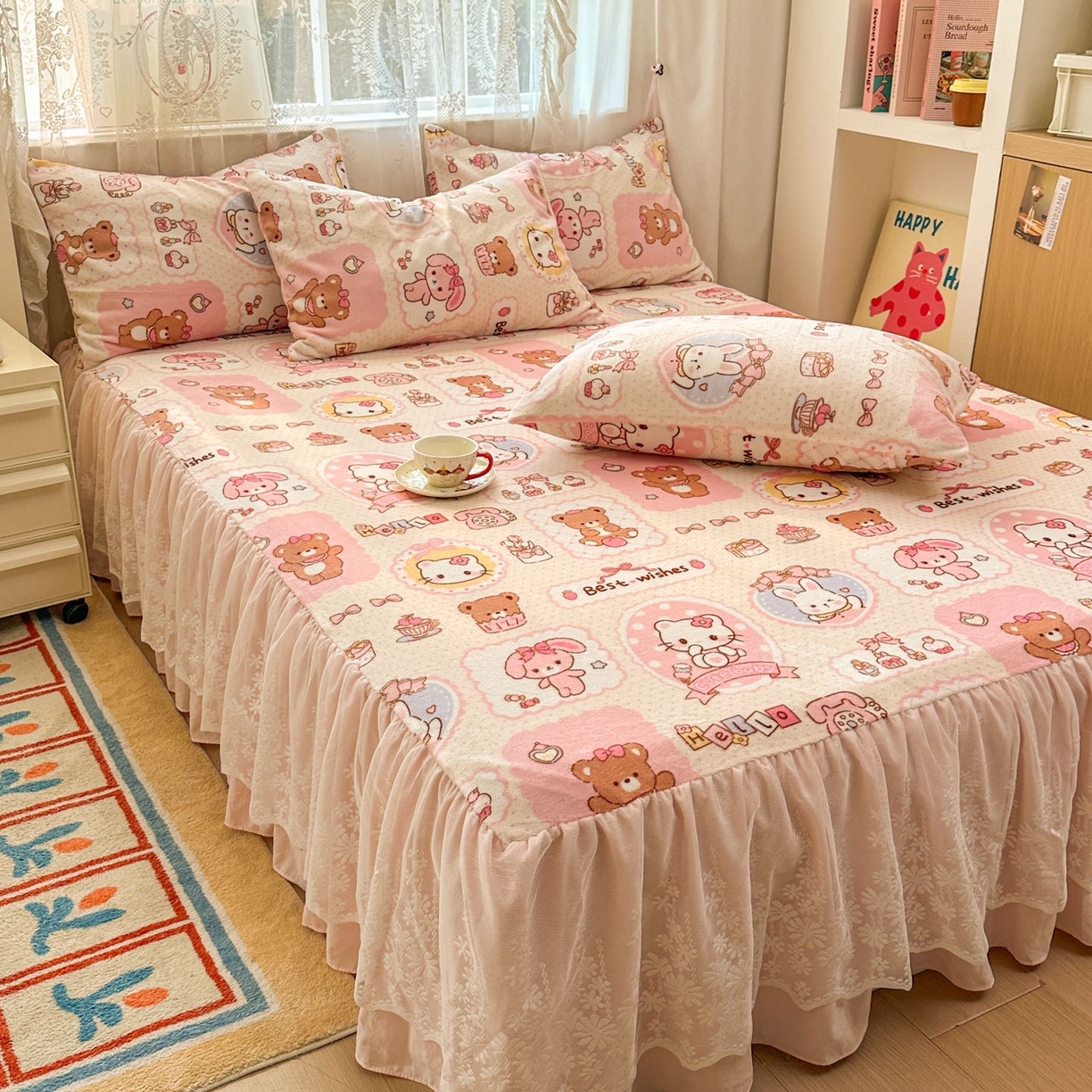 91家纺网 家纺一手货源 找家纺 老K (原美阁） 2025新款蕾丝床裙款牛奶绒三件套单品双层床裙牛奶绒 蕾丝-KT小伙伴