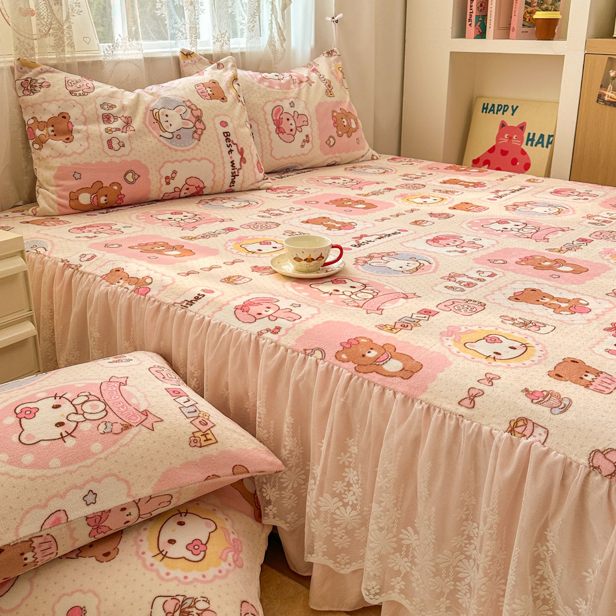 91家纺网 家纺一手货源 找家纺 老K (原美阁） 2025新款蕾丝床裙款牛奶绒三件套单品双层床裙牛奶绒 蕾丝-KT小伙伴