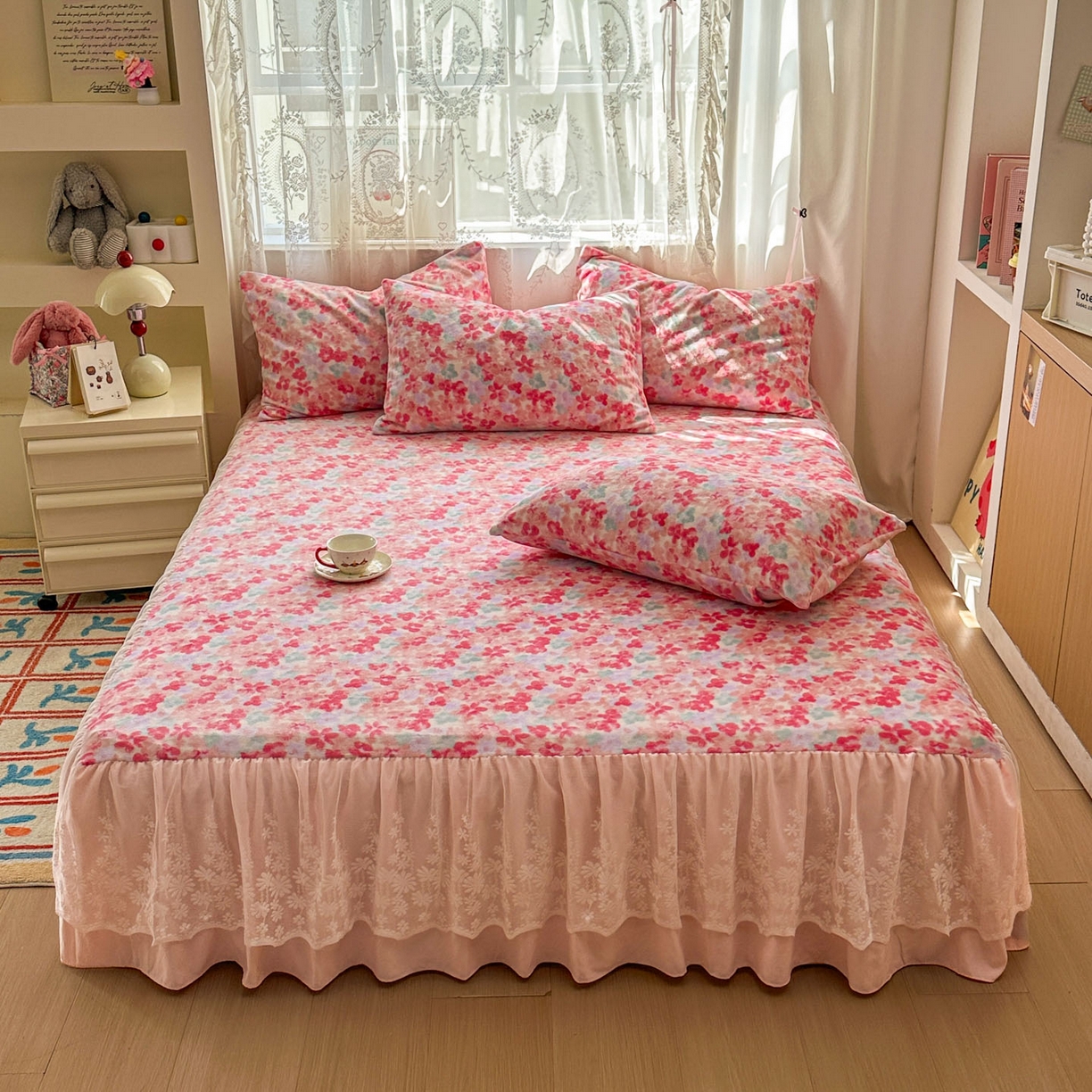 91家纺网 家纺一手货源 找家纺 老K (原美阁） 2025新款蕾丝床裙款牛奶绒三件套单品双层床裙牛奶绒 蕾丝-繁花