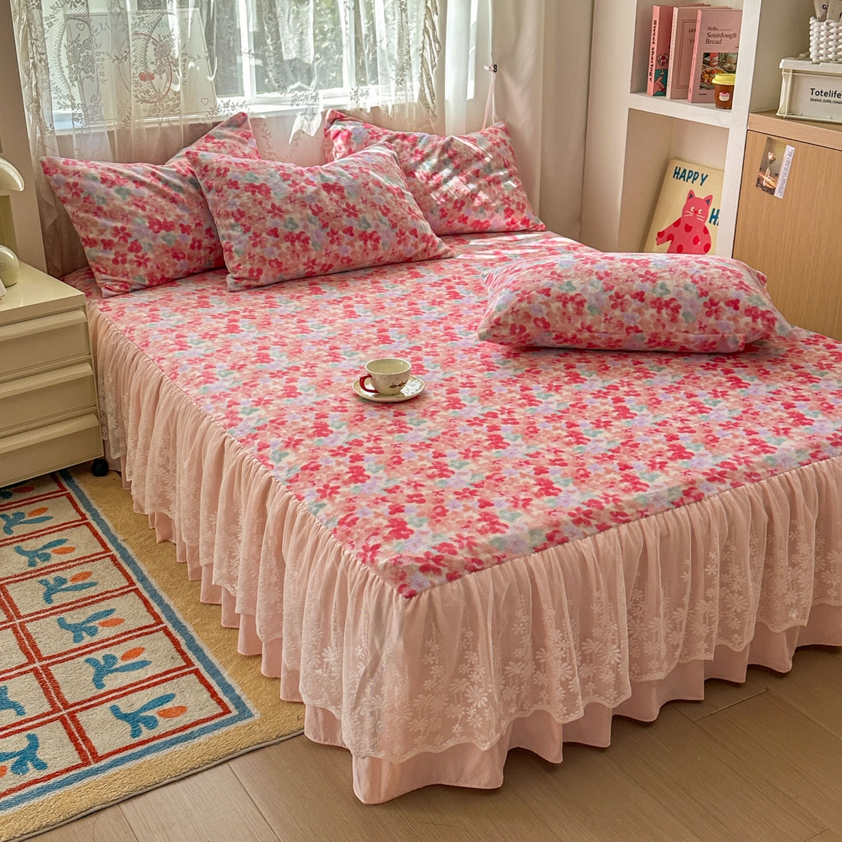 91家纺网 家纺一手货源 找家纺 老K (原美阁） 2025新款蕾丝床裙款牛奶绒三件套单品双层床裙牛奶绒 蕾丝-繁花