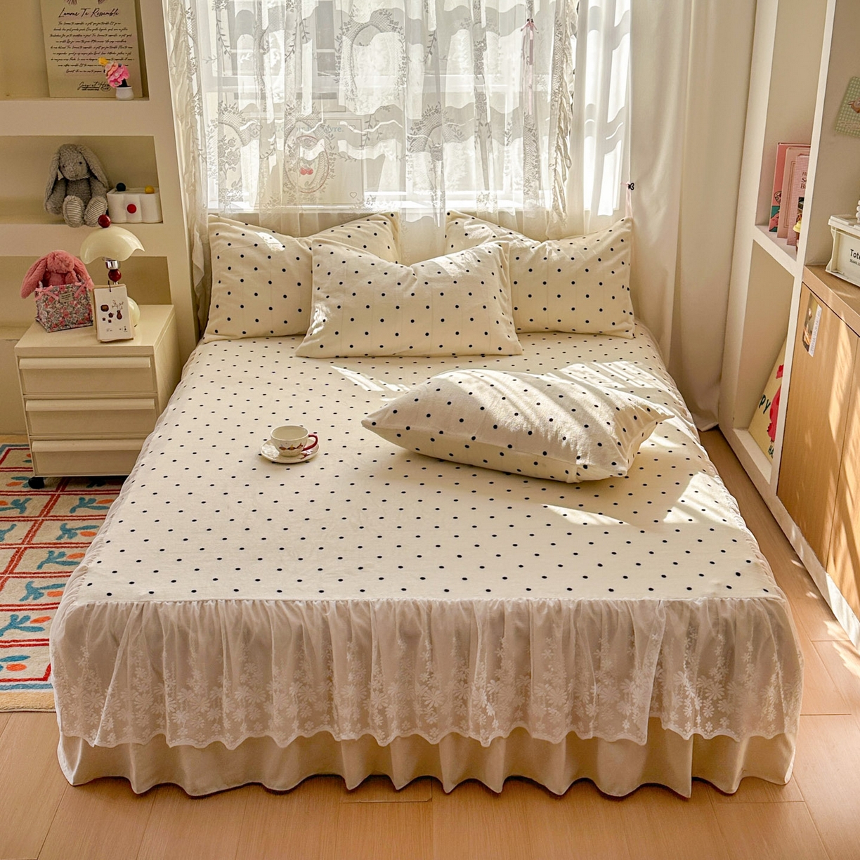 91家纺网 家纺一手货源 找家纺 老K (原美阁） 2025新款蕾丝床裙款牛奶绒三件套单品双层床裙牛奶绒 蕾丝-波点