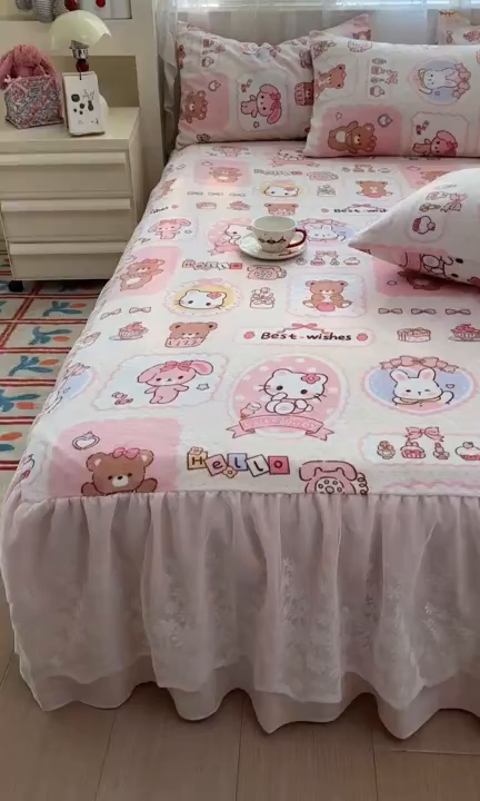 91家纺网 家纺一手货源 找家纺 （总）老K (原美阁） 2025新款蕾丝床裙款牛奶绒三件套单品双层床裙牛奶绒