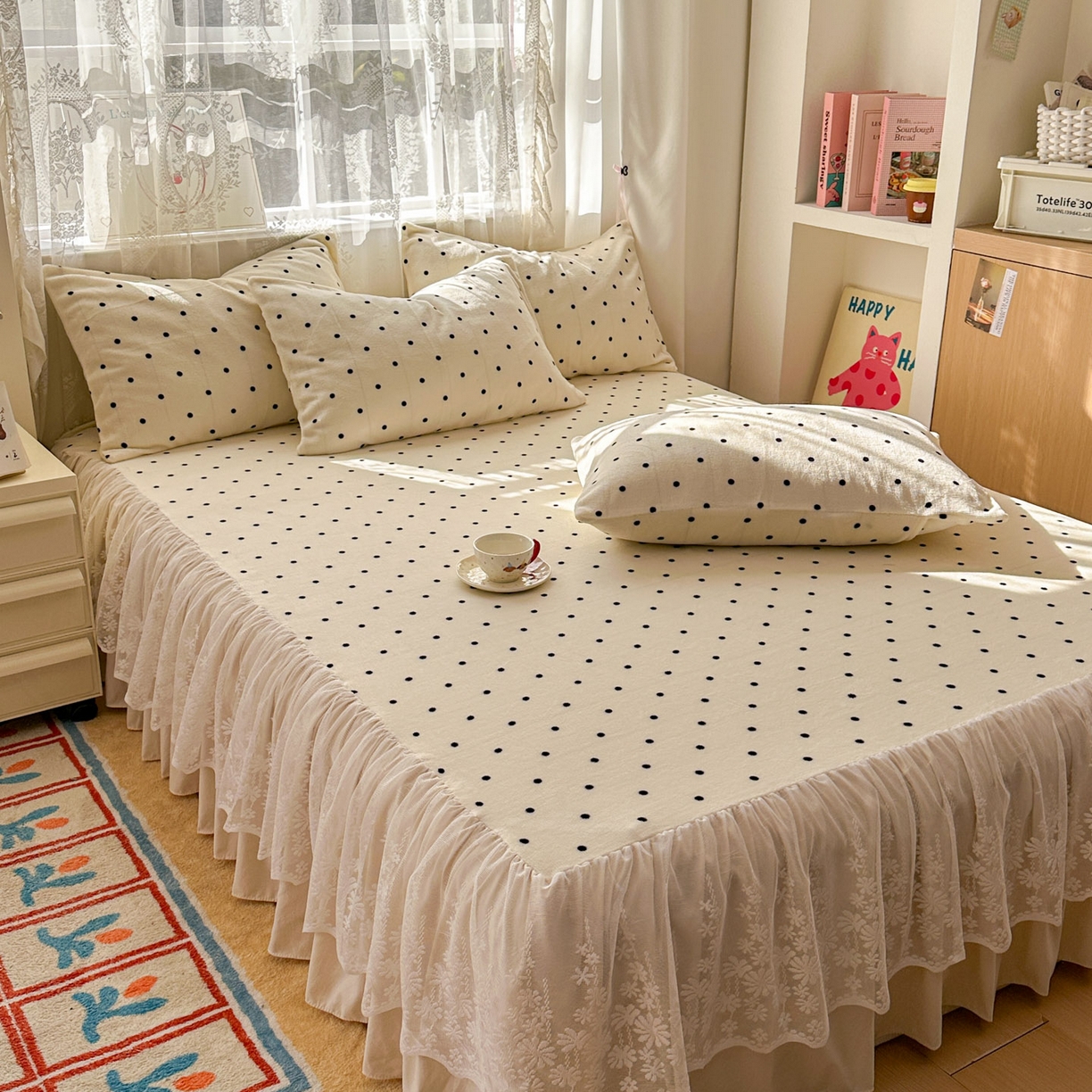 91家纺网 家纺一手货源 找家纺 老K (原美阁） 2025新款蕾丝床裙款牛奶绒三件套单品双层床裙牛奶绒 蕾丝-波点