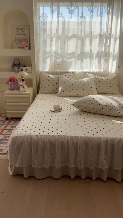 91家纺网 家纺一手货源 找家纺 老K (原美阁） 2025新款蕾丝床裙款牛奶绒三件套单品双层床裙牛奶绒 蕾丝-波点