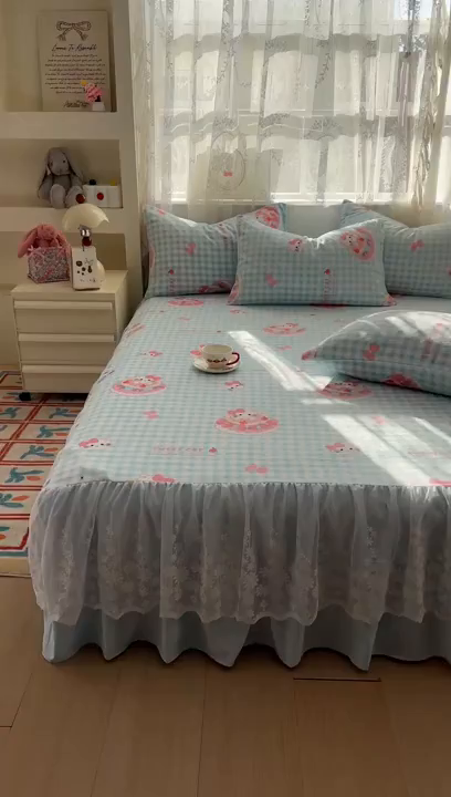 91家纺网 家纺一手货源 找家纺 老K (原美阁） 2025新款蕾丝床裙款牛奶绒三件套单品双层床裙牛奶绒 蕾丝-蛋糕KT