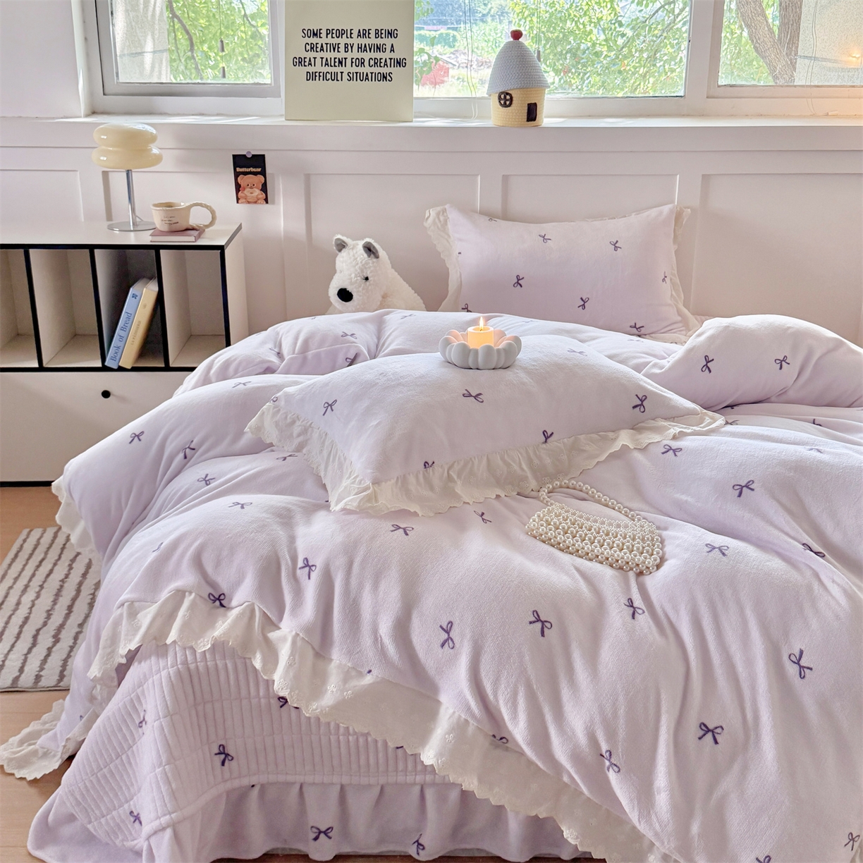 91家纺网 家纺一手货源 找家纺 欧尚 2025新款牛奶绒花边床盖四件套 仙女紫