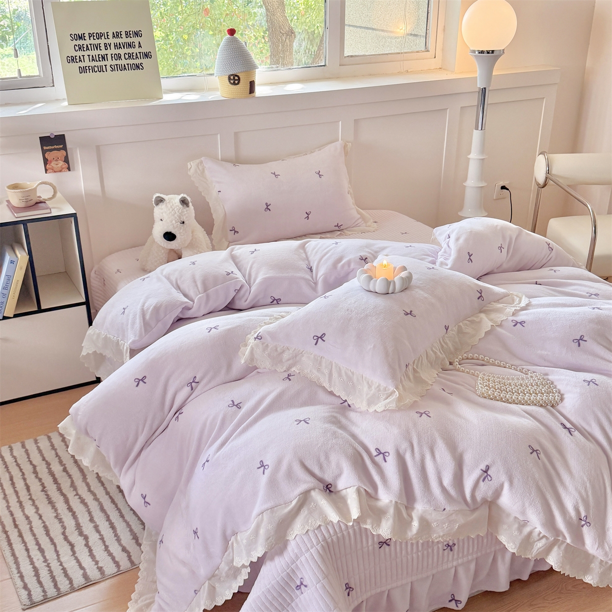 91家纺网 家纺一手货源 找家纺 欧尚 2025新款牛奶绒花边床盖四件套 仙女紫