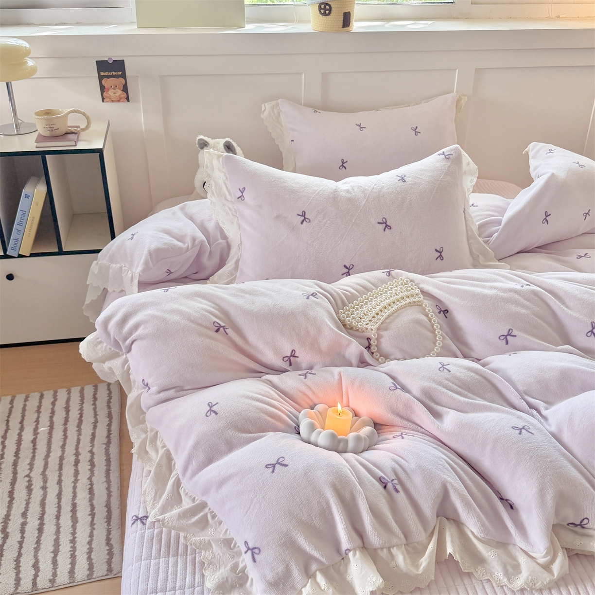 91家纺网 家纺一手货源 找家纺 欧尚 2025新款牛奶绒花边床盖四件套 仙女紫