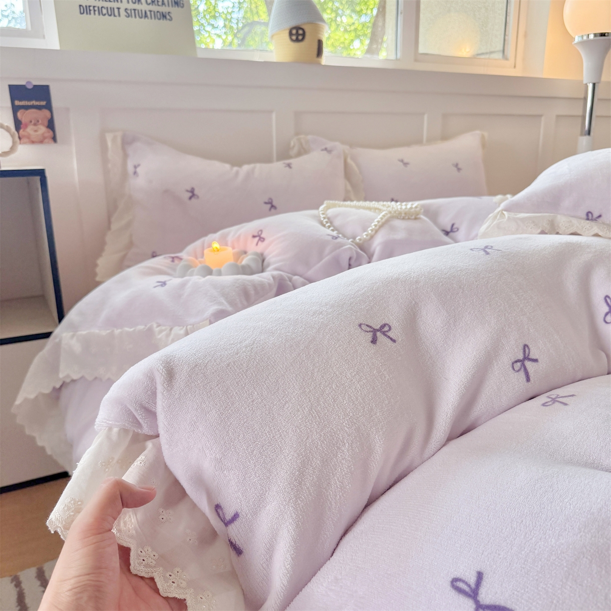 91家纺网 家纺一手货源 找家纺 欧尚 2025新款牛奶绒花边床盖四件套 仙女紫