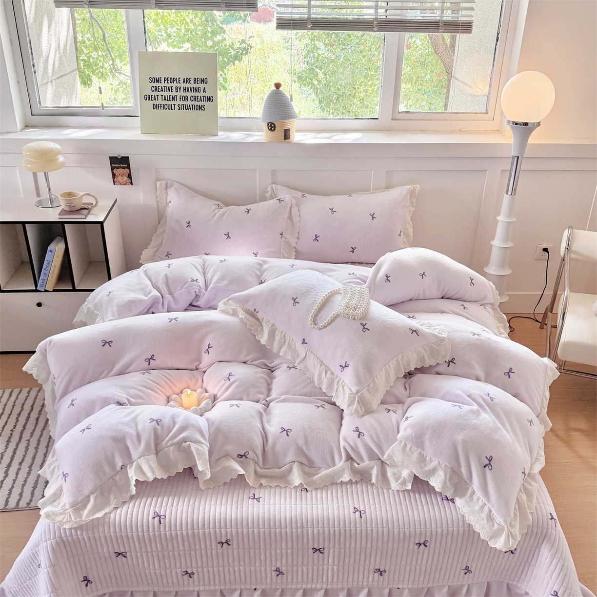 91家纺网 家纺一手货源 找家纺 欧尚 2025新款牛奶绒花边床盖四件套 仙女紫