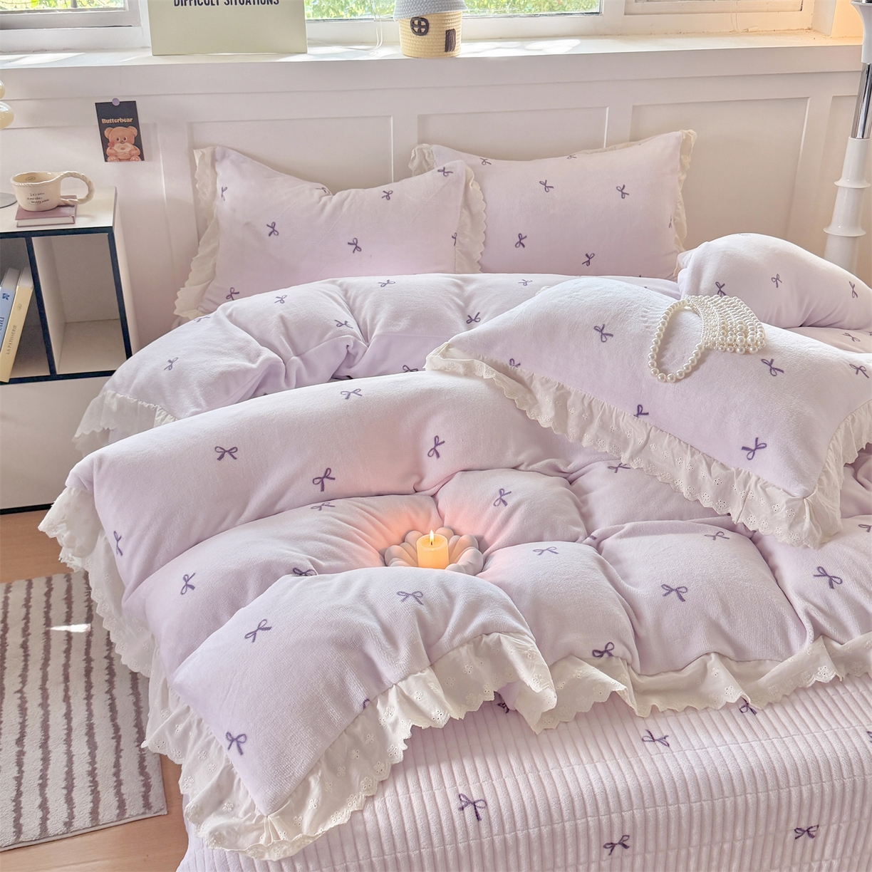 91家纺网 家纺一手货源 找家纺 欧尚 2025新款牛奶绒花边床盖四件套 仙女紫