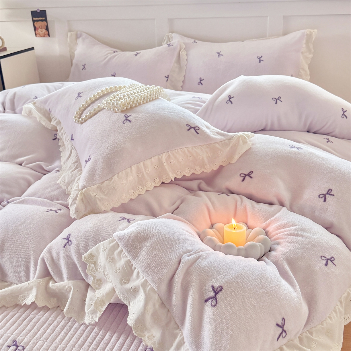 91家纺网 家纺一手货源 找家纺 欧尚 2025新款牛奶绒花边床盖四件套 仙女紫