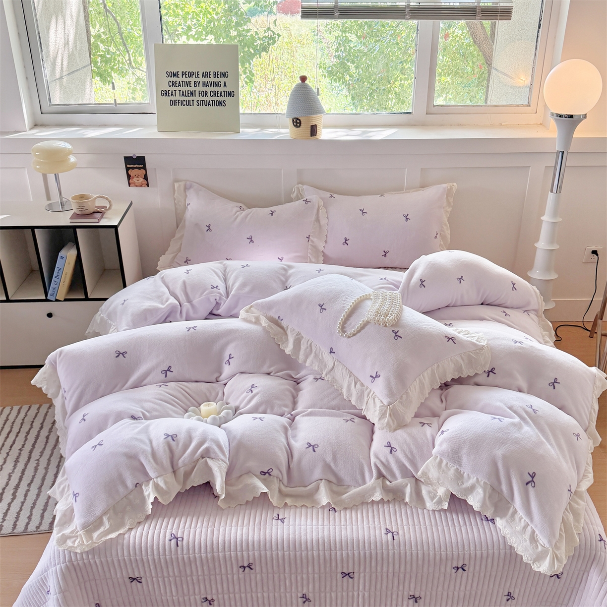 欧尚 2025新款牛奶绒花边床盖四件套 仙女紫