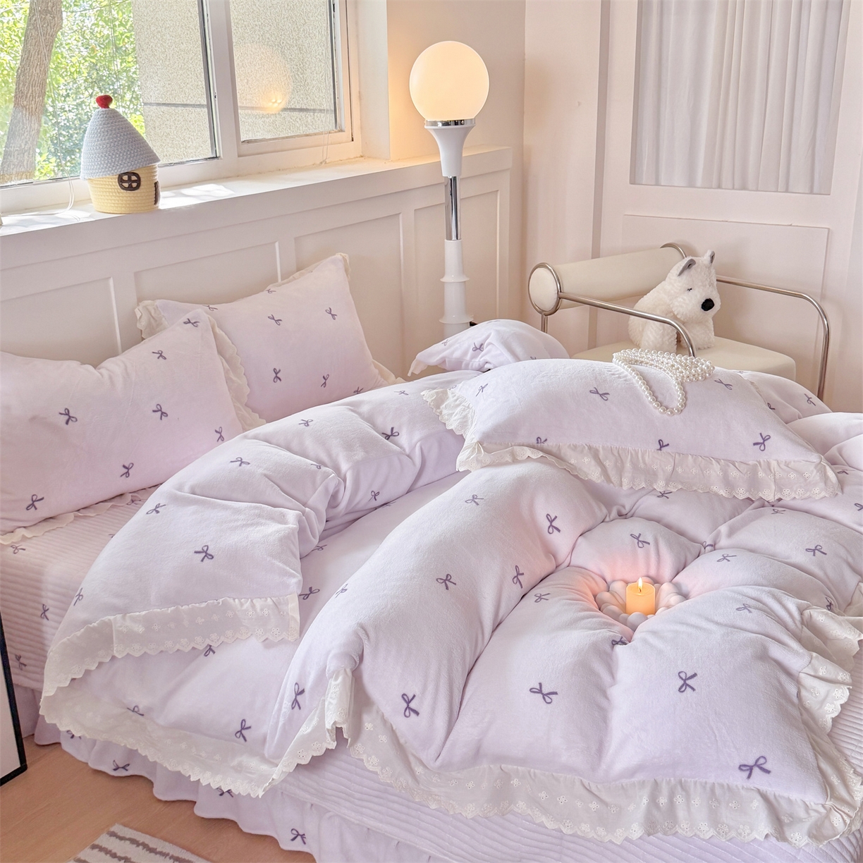 91家纺网 家纺一手货源 找家纺 欧尚 2025新款牛奶绒花边床盖四件套 仙女紫