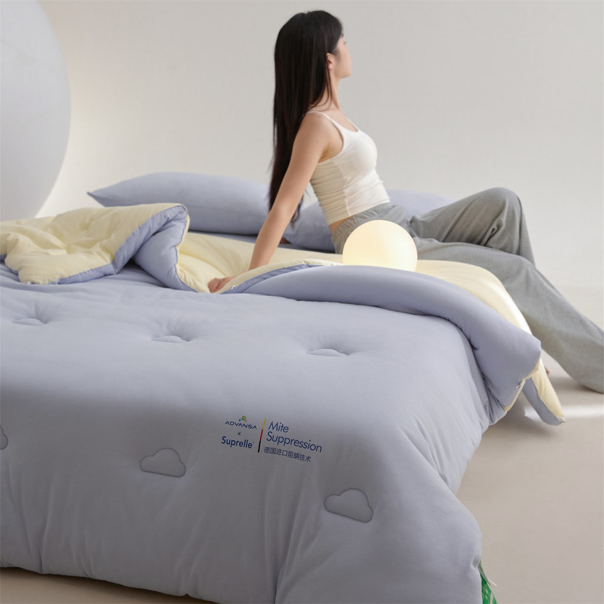91家纺网 家纺一手货源 找家纺 头等舱 2025新款全棉A类针织 零压 深睡 德国ADVANSA 抗菌 100%阻螨低致敏秋冬被（模特图） 蓝莓乳酪