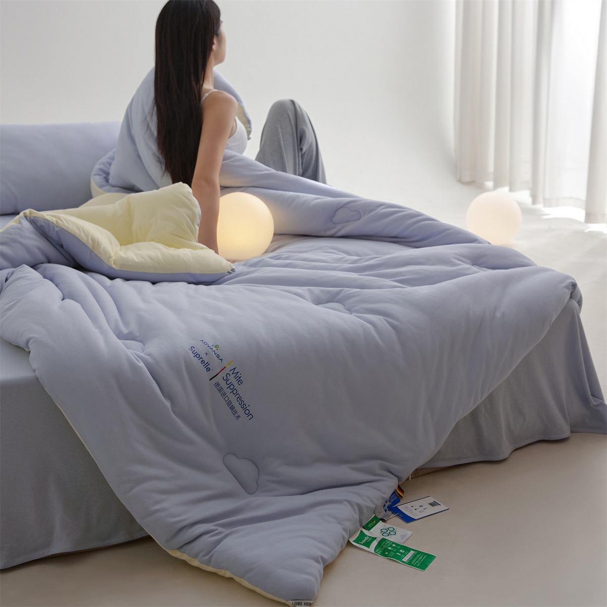 91家纺网 家纺一手货源 找家纺 头等舱 2025新款全棉A类针织 零压 深睡 德国ADVANSA 抗菌 100%阻螨低致敏秋冬被（模特图） 蓝莓乳酪