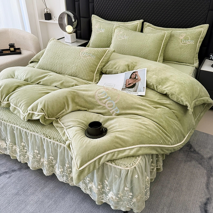 优姿家纺 2025新款牛奶绒花边绣花床盖四件套 花漾时光-果绿