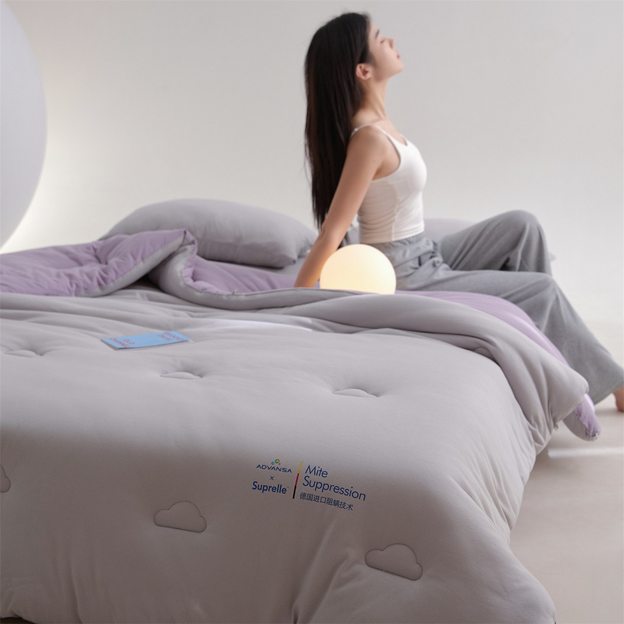 91家纺网 家纺一手货源 找家纺 头等舱 2025新款全棉A类针织 零压 深睡 德国ADVANSA 抗菌 100%阻螨低致敏秋冬被（模特图） 糖霜芋泥